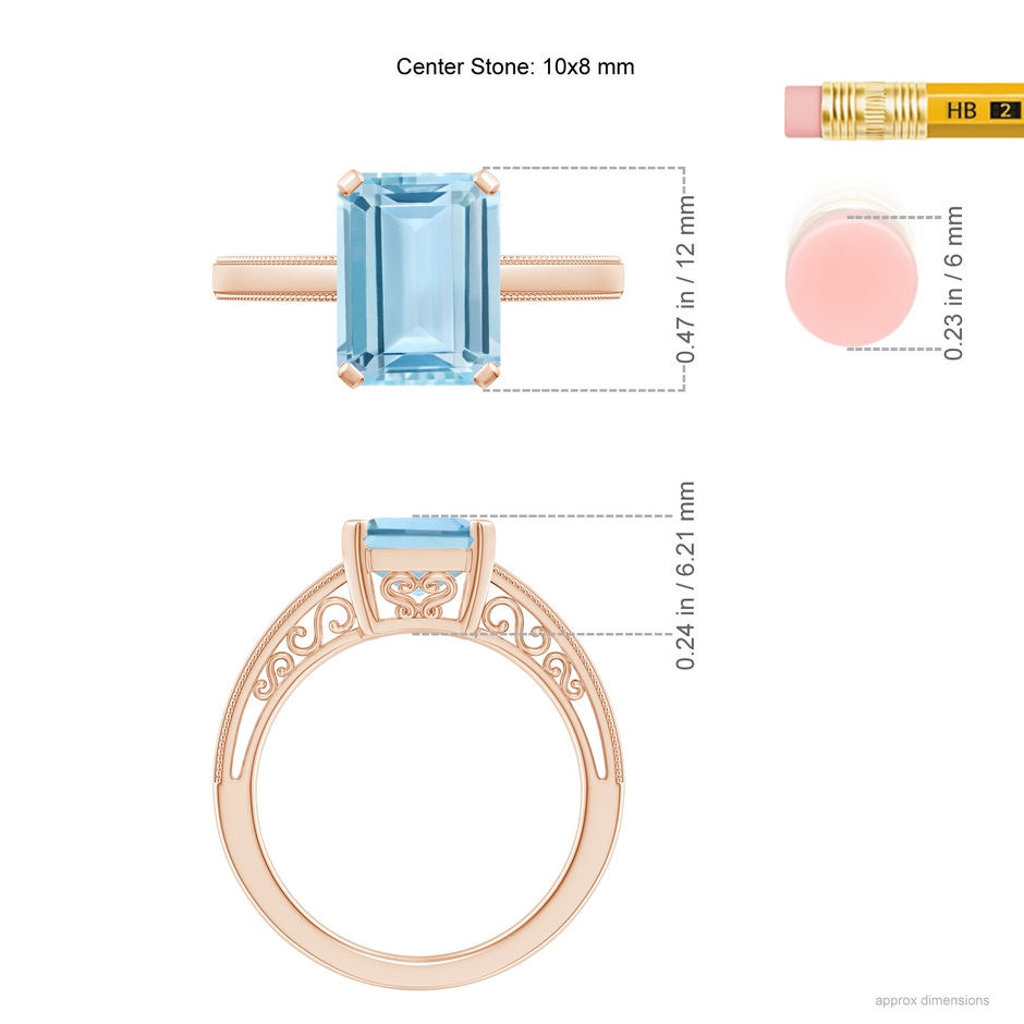 10x8mm AAA Emerald-Cut Aquamarine Solitaire Ring with Milgrain in Rose Gold ruler