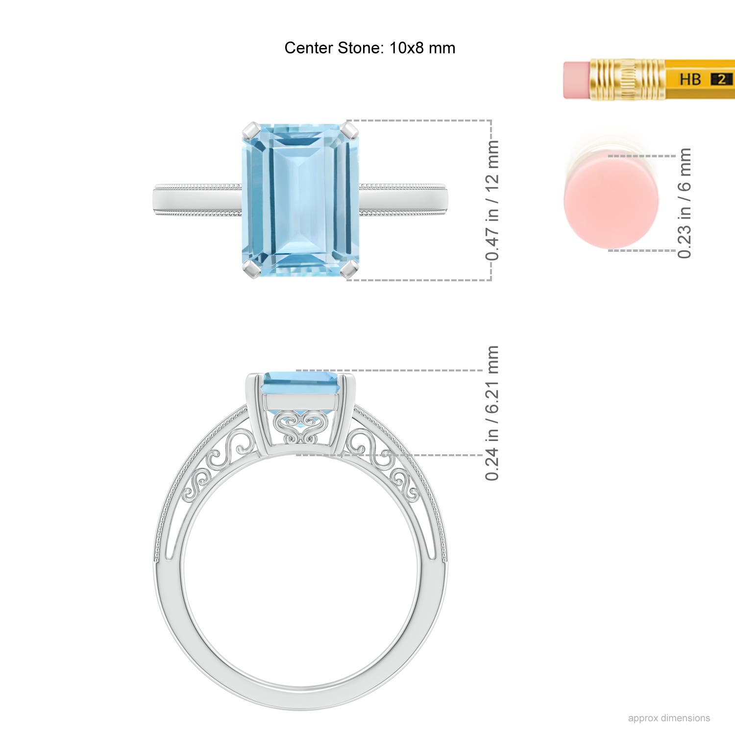 10x8mm AAA Emerald-Cut Aquamarine Solitaire Ring with Milgrain in White Gold - ruler