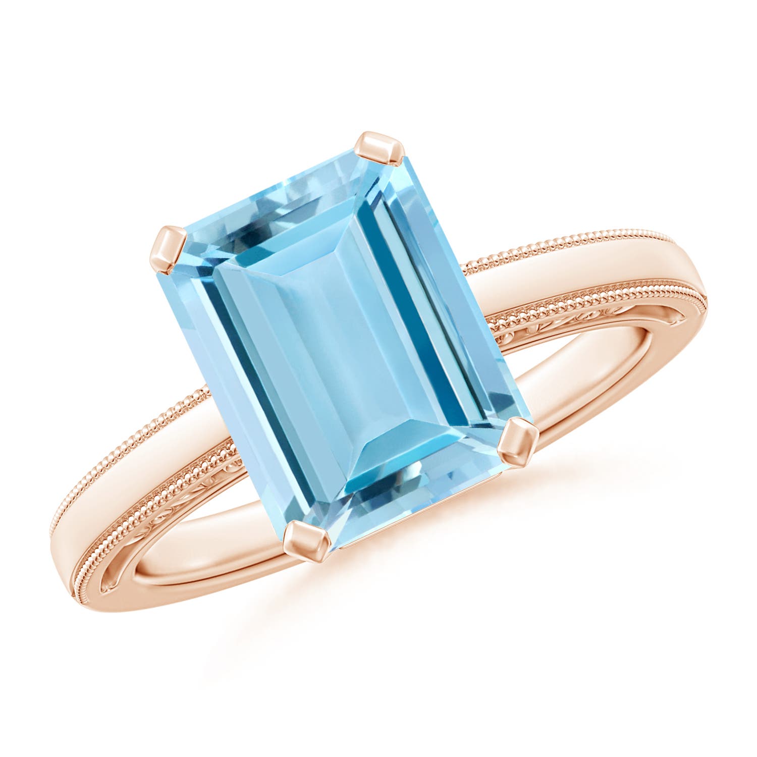 10x8mm AAAA Emerald-Cut Aquamarine Solitaire Ring with Milgrain in 18K Rose Gold