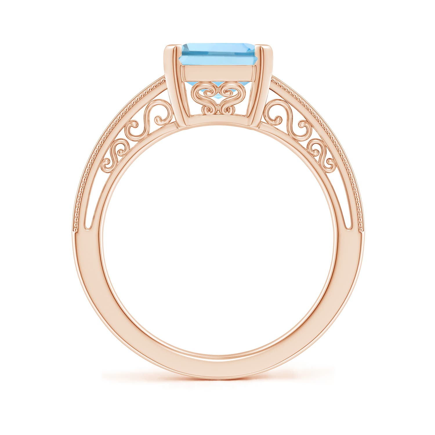 10x8mm AAAA Emerald-Cut Aquamarine Solitaire Ring with Milgrain in 18K Rose Gold