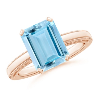 10x8mm AAAA Emerald-Cut Aquamarine Solitaire Ring with Milgrain in Rose Gold
