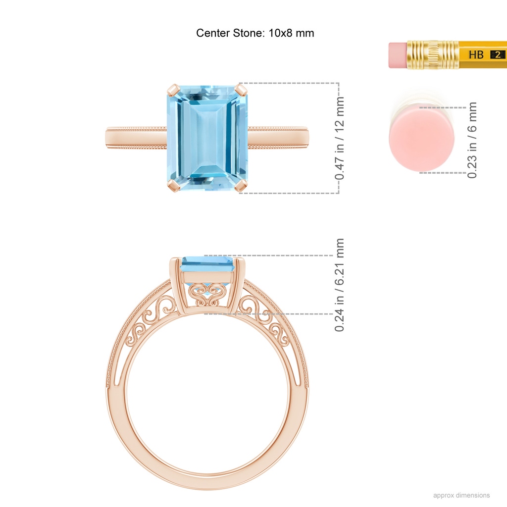 10x8mm AAAA Emerald-Cut Aquamarine Solitaire Ring with Milgrain in Rose Gold Ruler