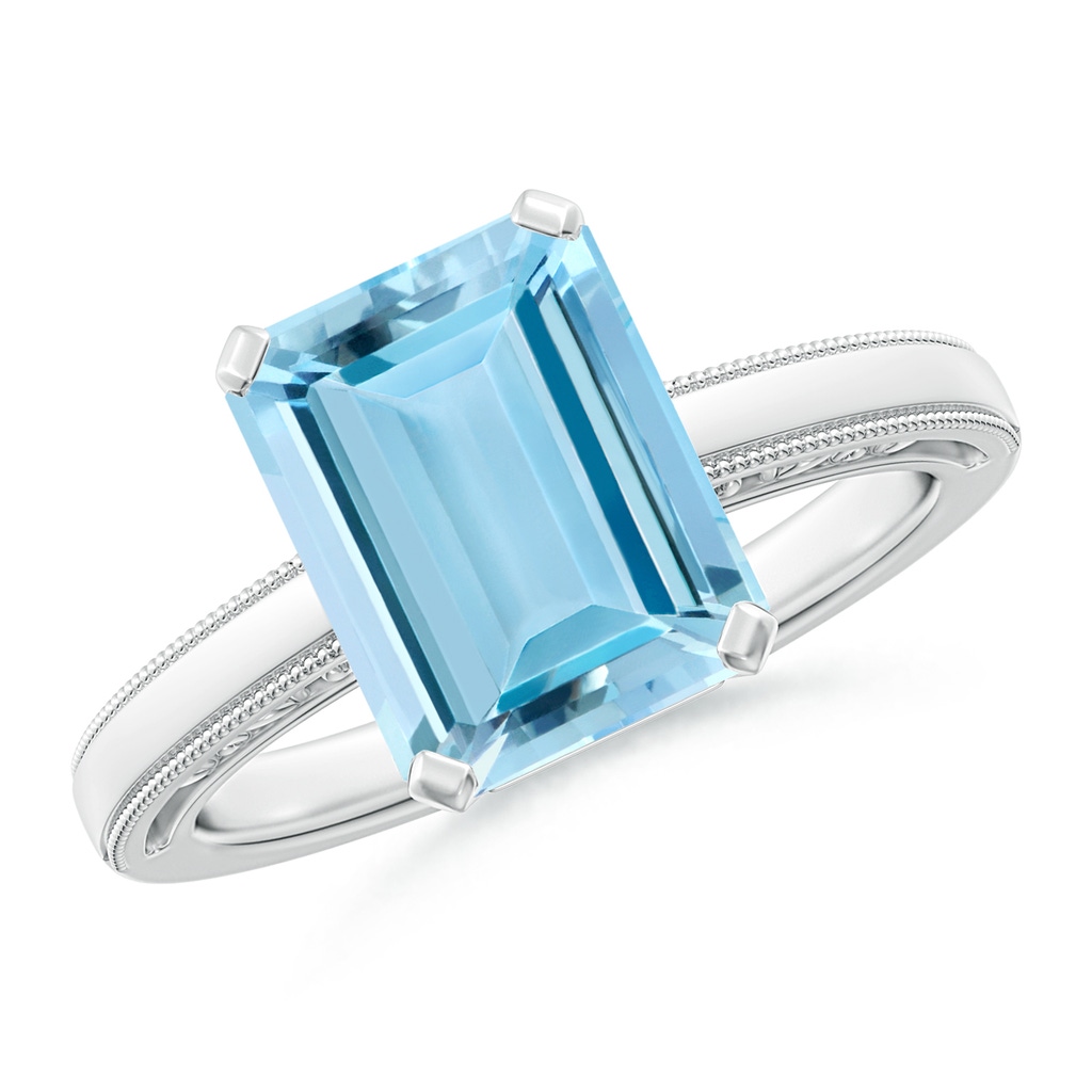10x8mm AAAA Emerald-Cut Aquamarine Solitaire Ring with Milgrain in S999 Silver