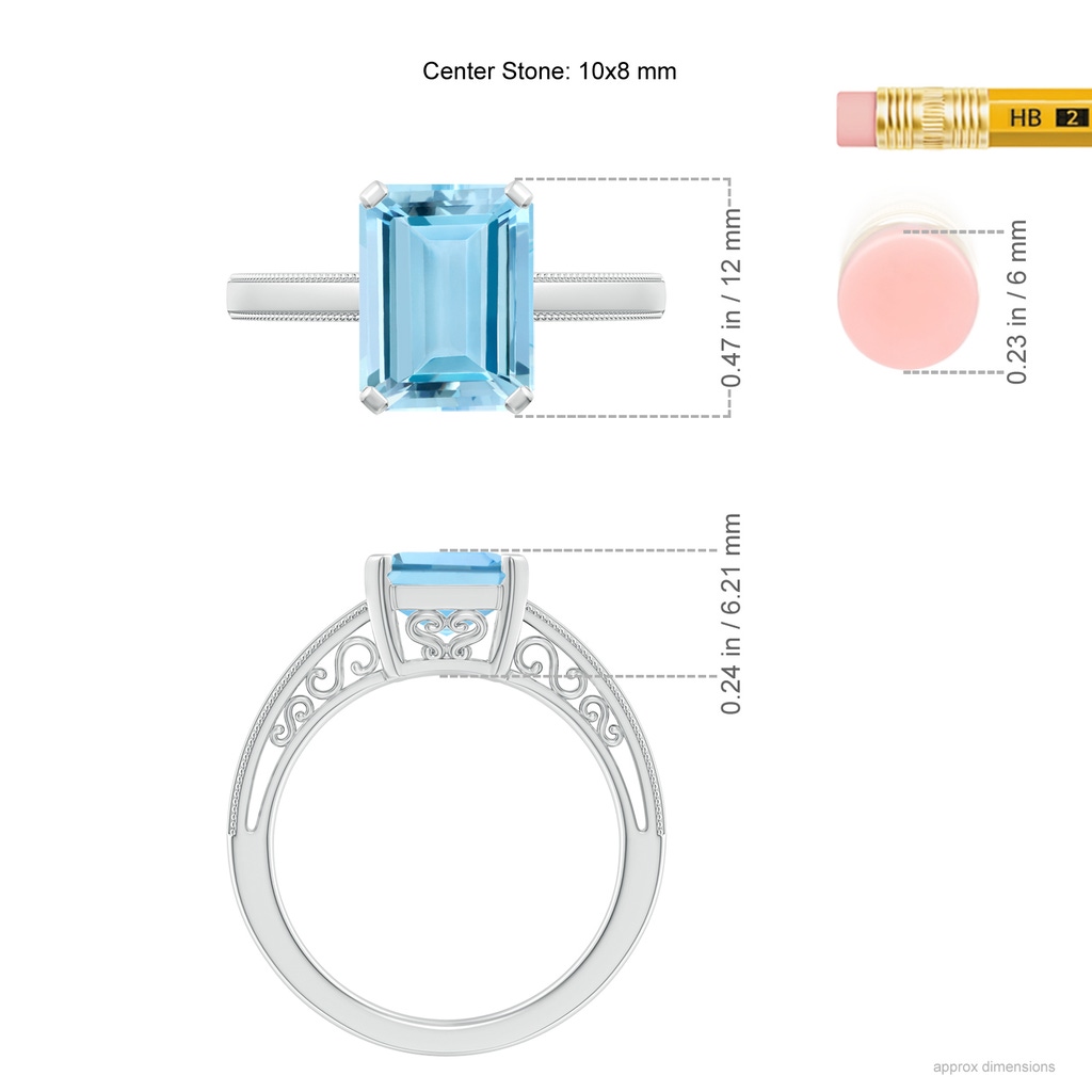 10x8mm AAAA Emerald-Cut Aquamarine Solitaire Ring with Milgrain in White Gold Ruler