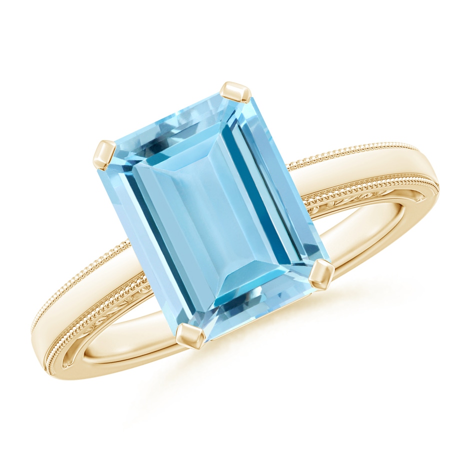 10x8mm AAAA Emerald-Cut Aquamarine Solitaire Ring with Milgrain in Yellow Gold 