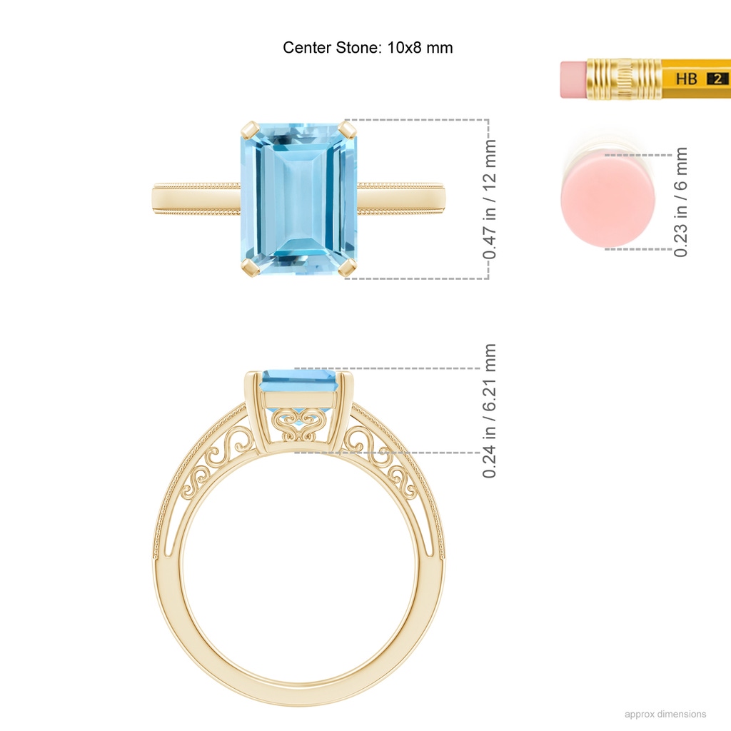 10x8mm AAAA Emerald-Cut Aquamarine Solitaire Ring with Milgrain in Yellow Gold Ruler