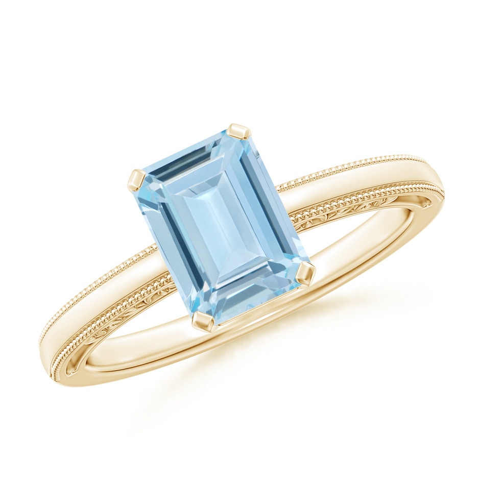 8x6mm AA Emerald-Cut Aquamarine Solitaire Ring with Milgrain in Yellow Gold 