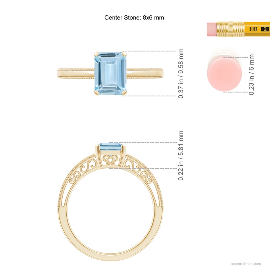 8x6mm AA Emerald-Cut Aquamarine Solitaire Ring with Milgrain in Yellow Gold ruler