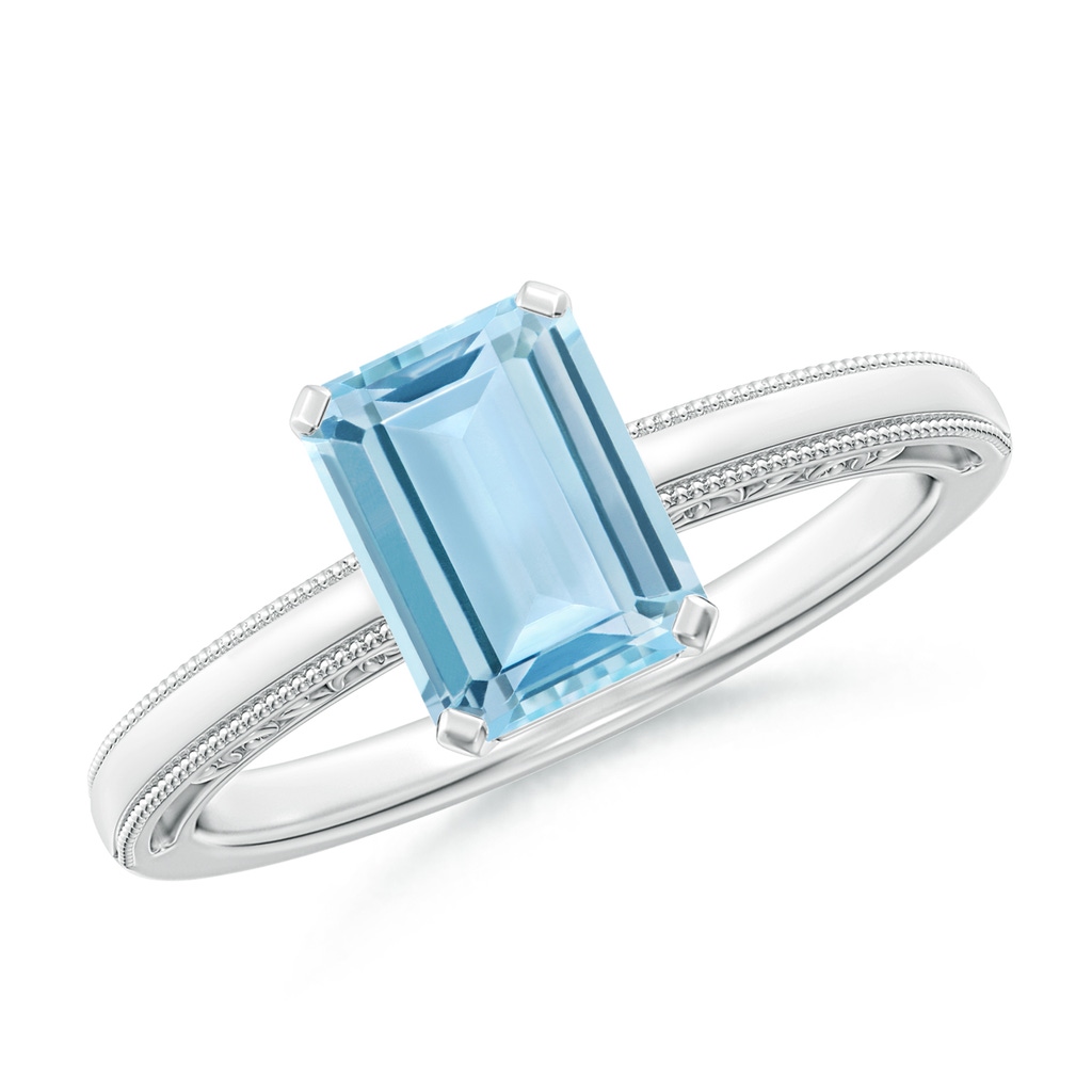 8x6mm AAA Emerald-Cut Aquamarine Solitaire Ring with Milgrain in White Gold