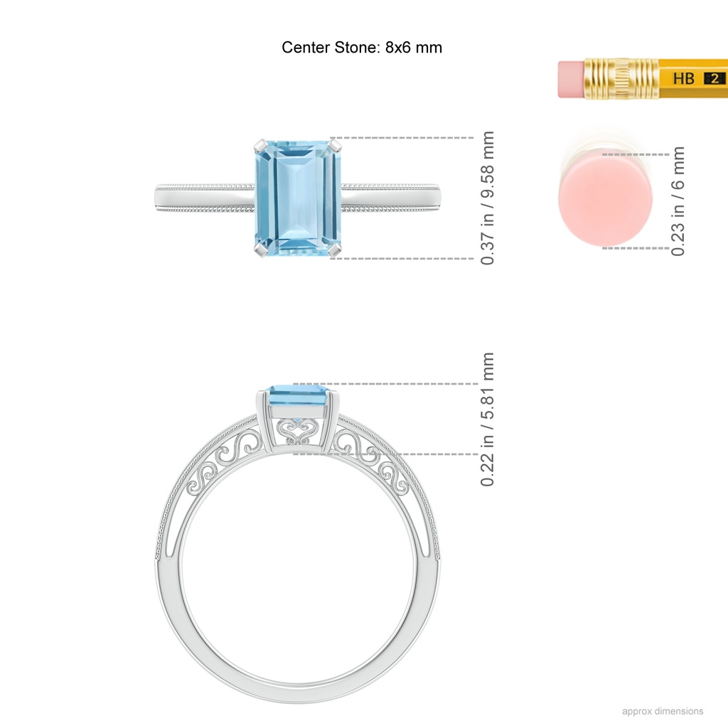 8x6mm AAA Emerald-Cut Aquamarine Solitaire Ring with Milgrain in White Gold Ruler