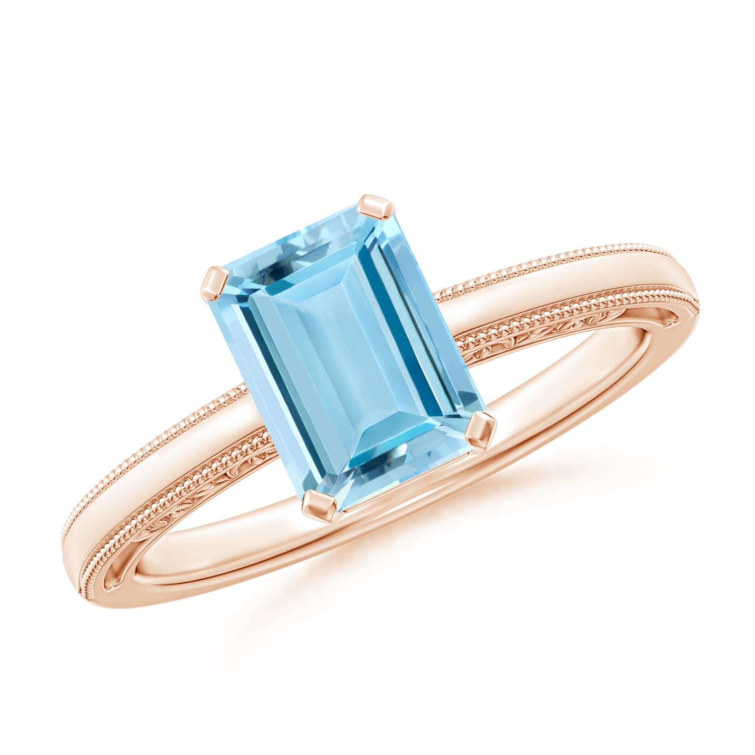 8x6mm AAAA Emerald-Cut Aquamarine Solitaire Ring with Milgrain in 18K Rose Gold