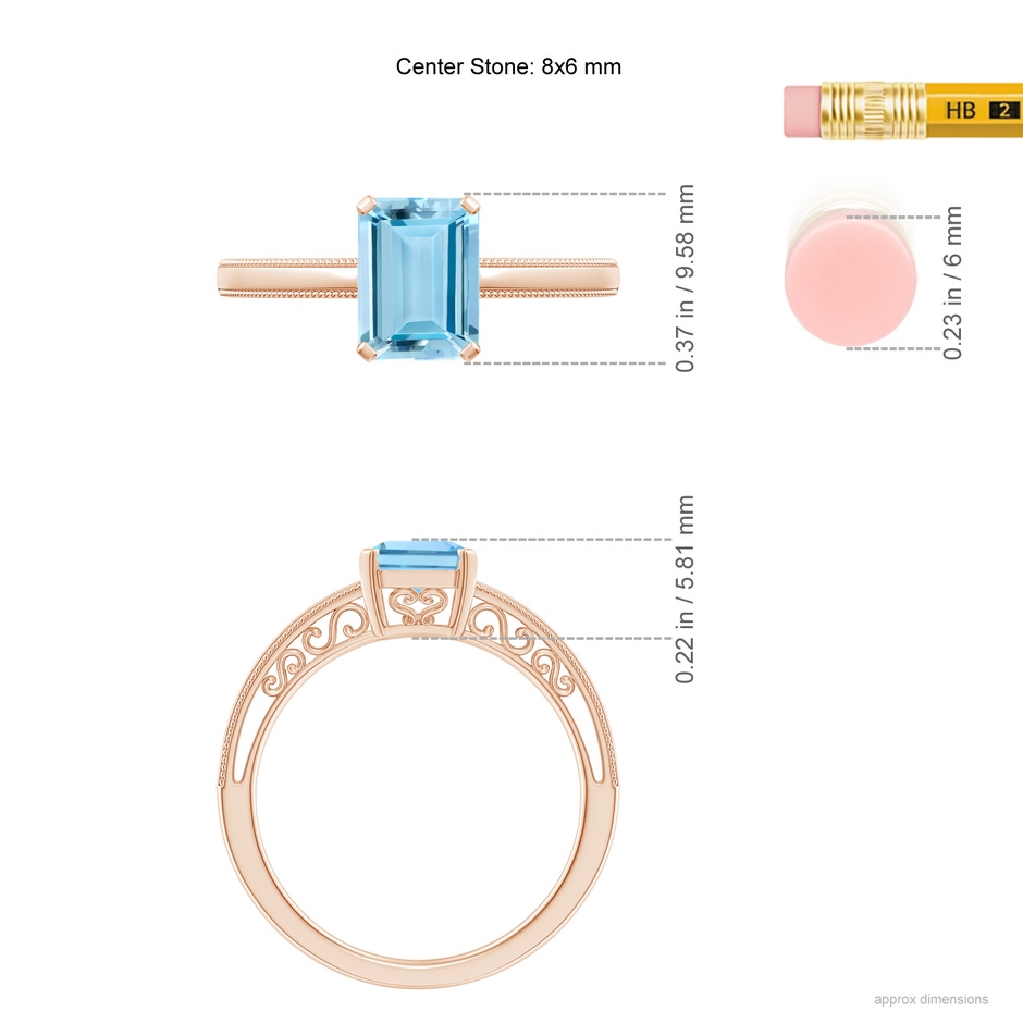 8x6mm AAAA Emerald-Cut Aquamarine Solitaire Ring with Milgrain in Rose Gold ruler