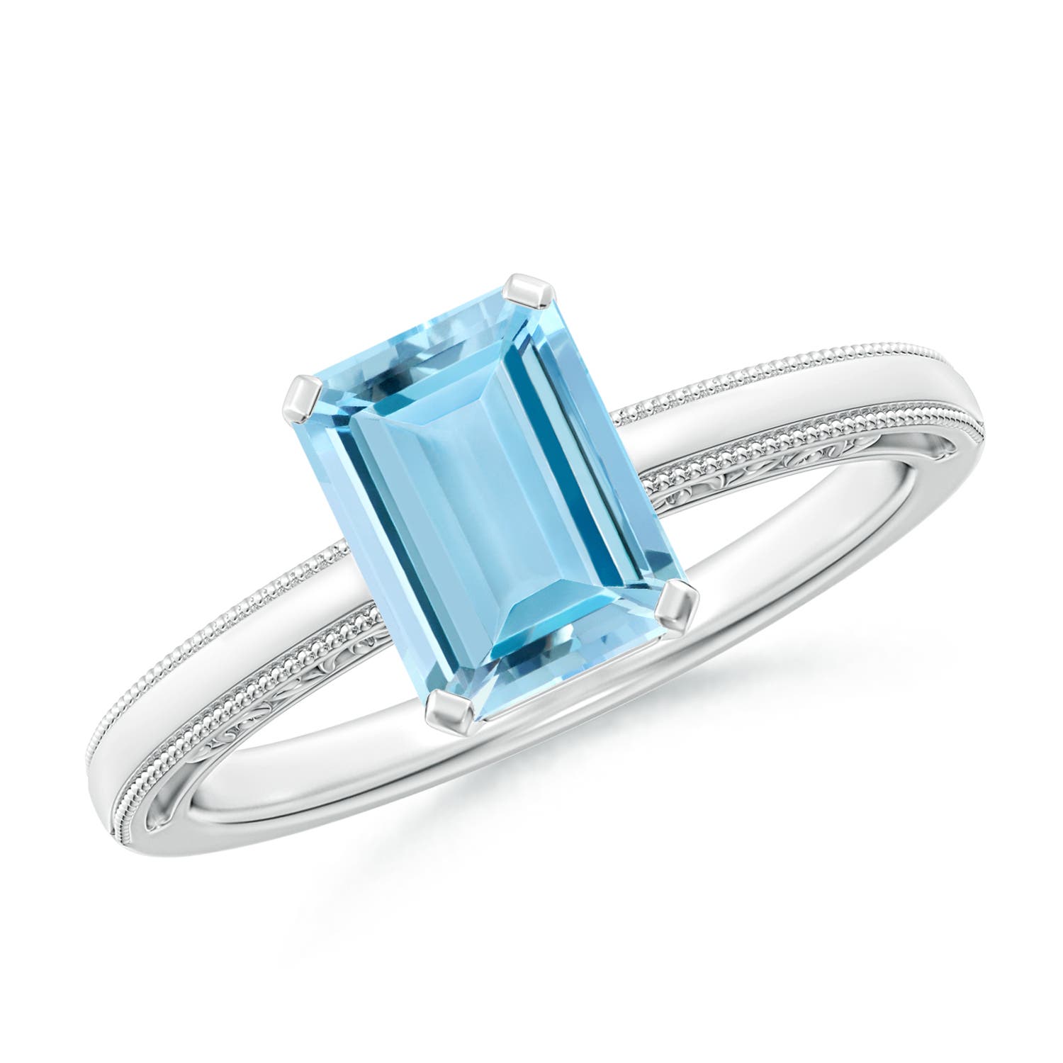 8x6mm AAAA Emerald-Cut Aquamarine Solitaire Ring with Milgrain in S999 Silver