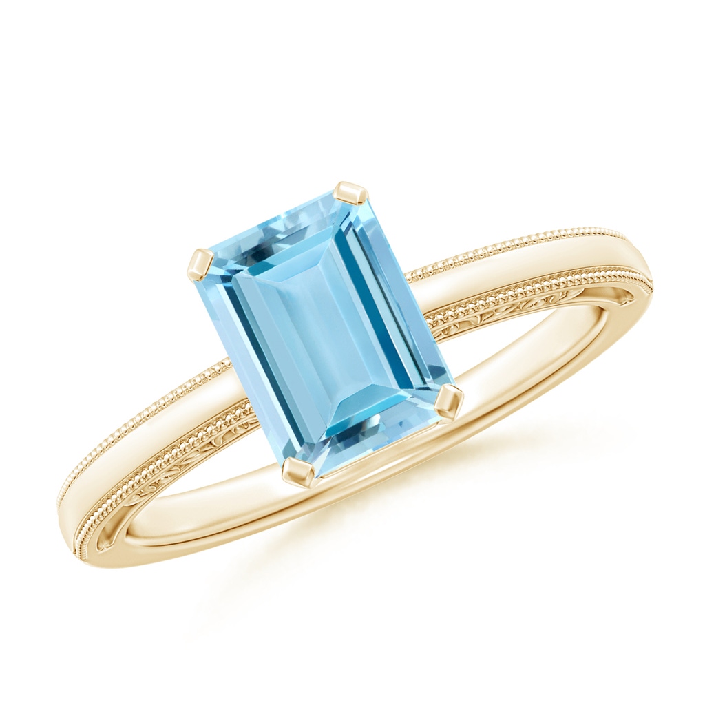 8x6mm AAAA Emerald-Cut Aquamarine Solitaire Ring with Milgrain in Yellow Gold