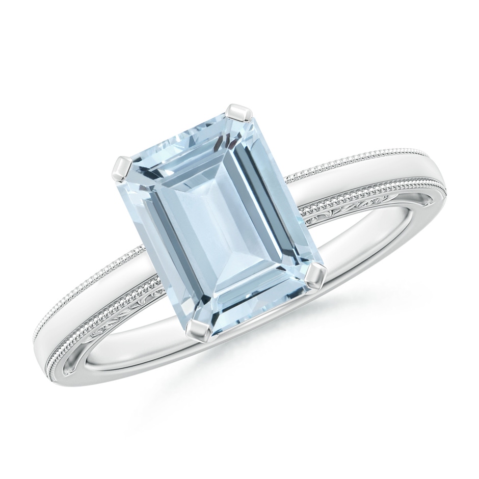 9x7mm A Emerald-Cut Aquamarine Solitaire Ring with Milgrain in P950 Platinum 