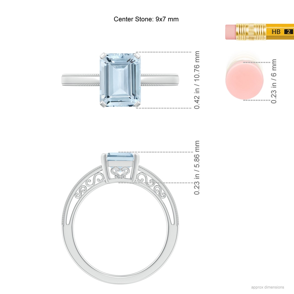 9x7mm A Emerald-Cut Aquamarine Solitaire Ring with Milgrain in P950 Platinum ruler