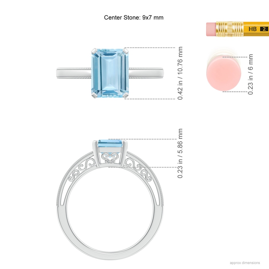 9x7mm AAA Emerald-Cut Aquamarine Solitaire Ring with Milgrain in White Gold ruler