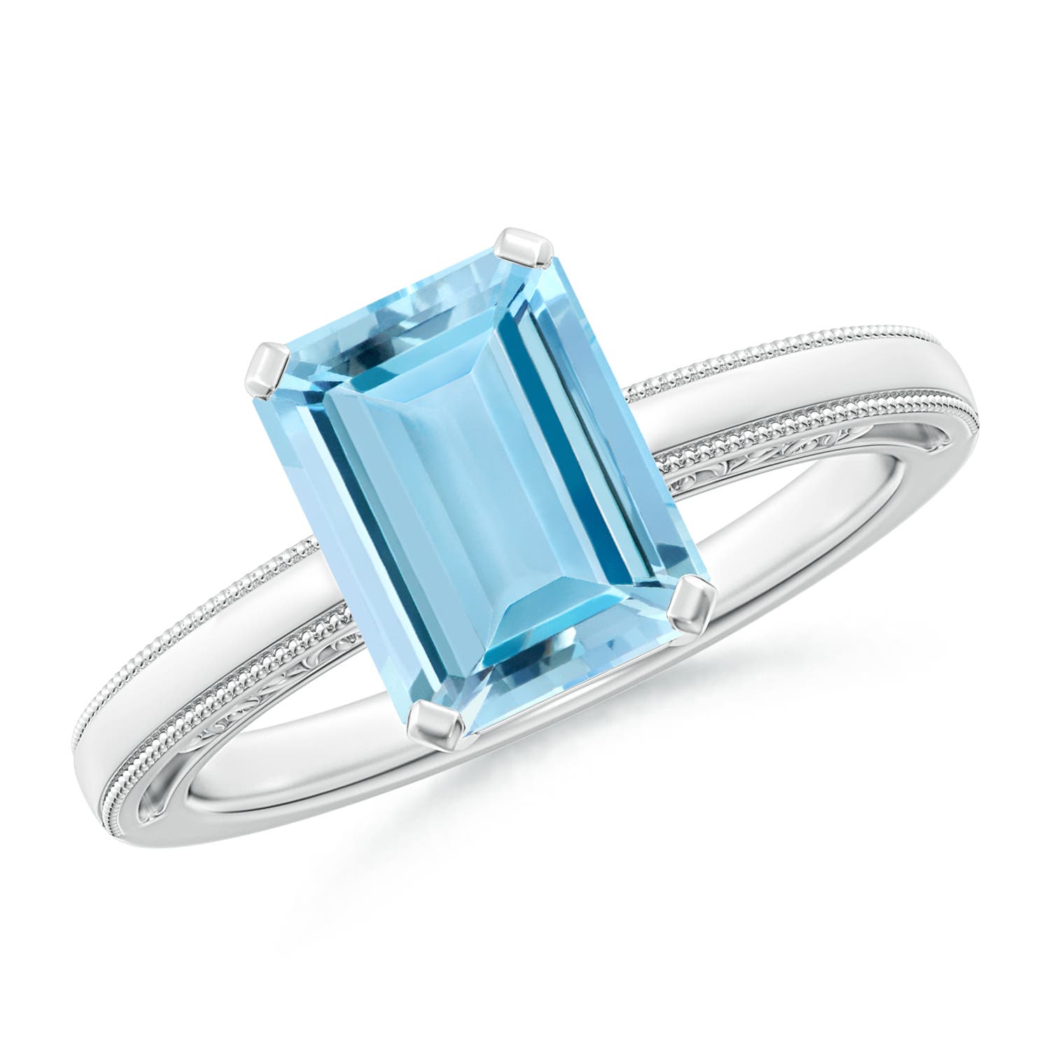 9x7mm AAAA Emerald-Cut Aquamarine Solitaire Ring with Milgrain in S999 Silver