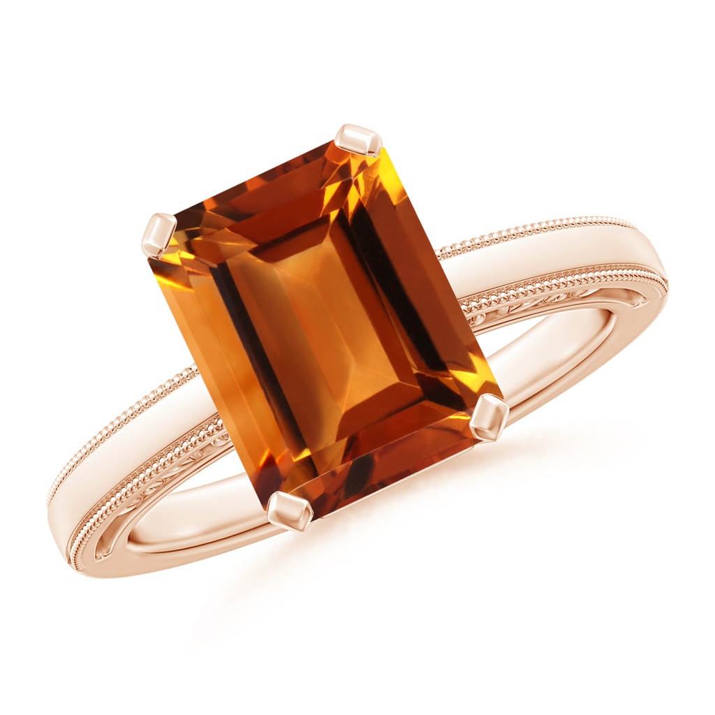 10x8mm AAAA Emerald Cut Citrine Solitaire Ring with Milgrain in Rose Gold