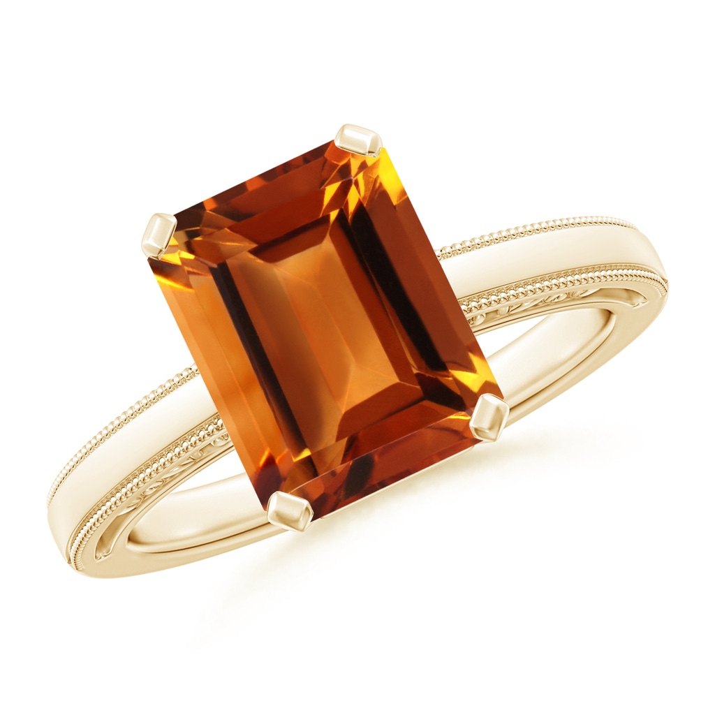 10x8mm AAAA Emerald Cut Citrine Solitaire Ring with Milgrain in Yellow Gold