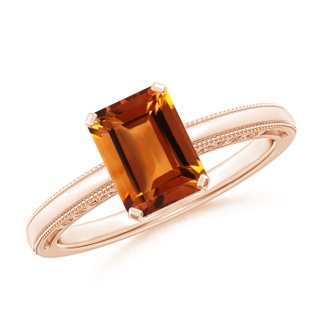 8x6mm AAAA Emerald Cut Citrine Solitaire Ring with Milgrain in 9K Rose Gold