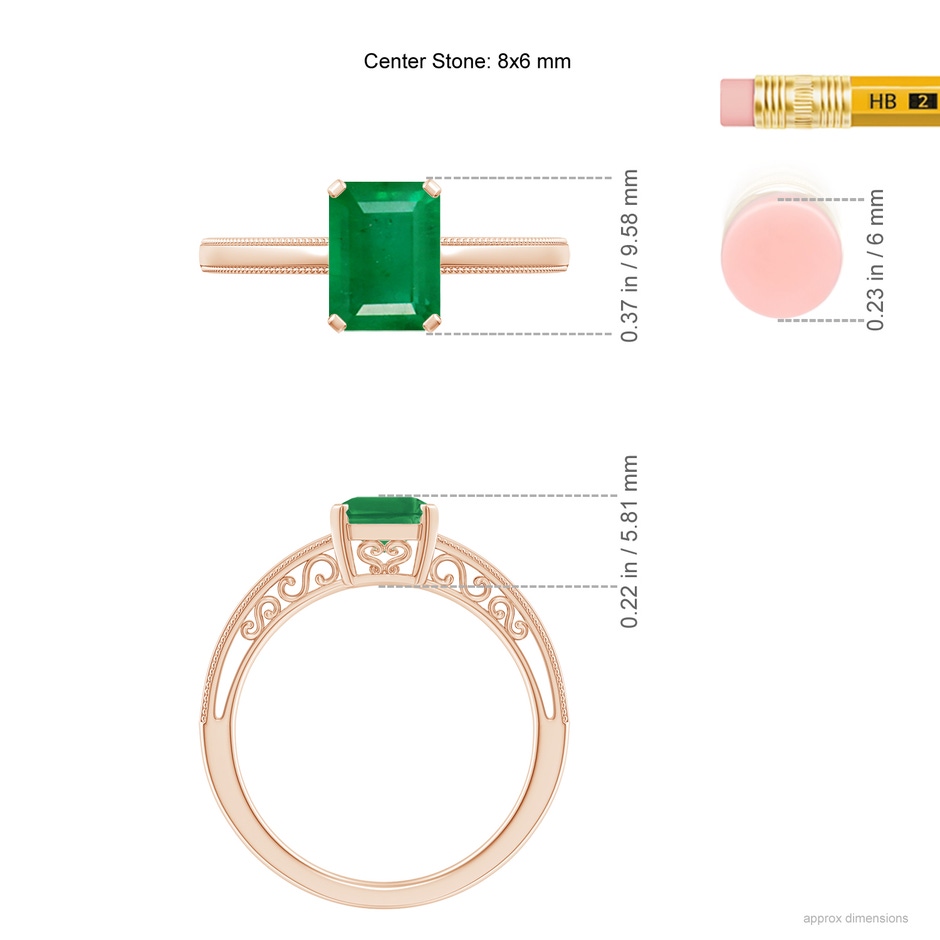 8x6mm AA Emerald Cut Emerald Solitaire Ring with Milgrain in Rose Gold Ruler