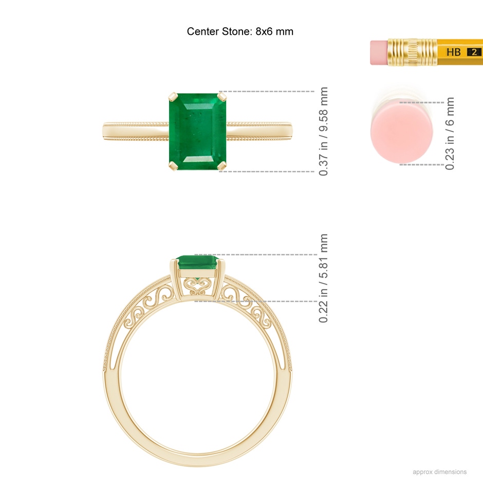 8x6mm AA Emerald Cut Emerald Solitaire Ring with Milgrain in Yellow Gold ruler
