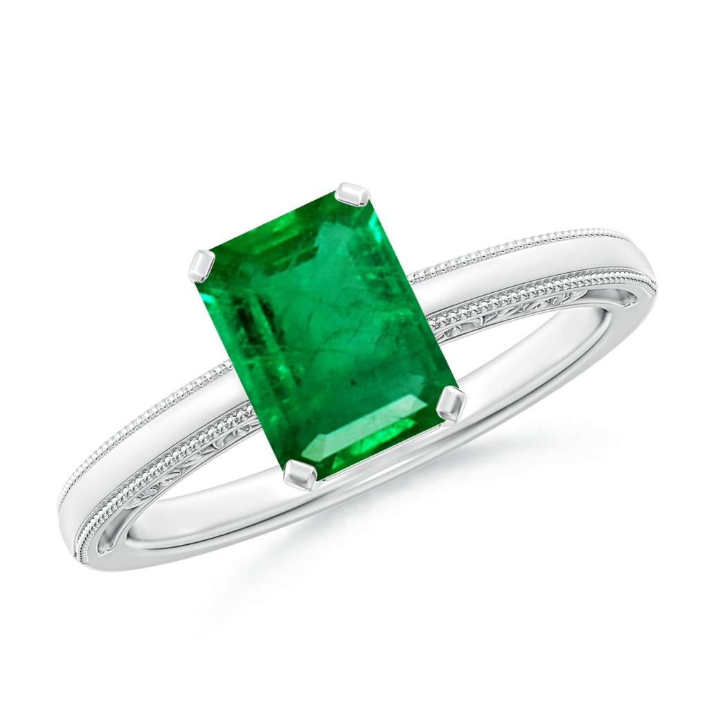 8x6mm AAA Emerald Cut Emerald Solitaire Ring with Milgrain in White Gold