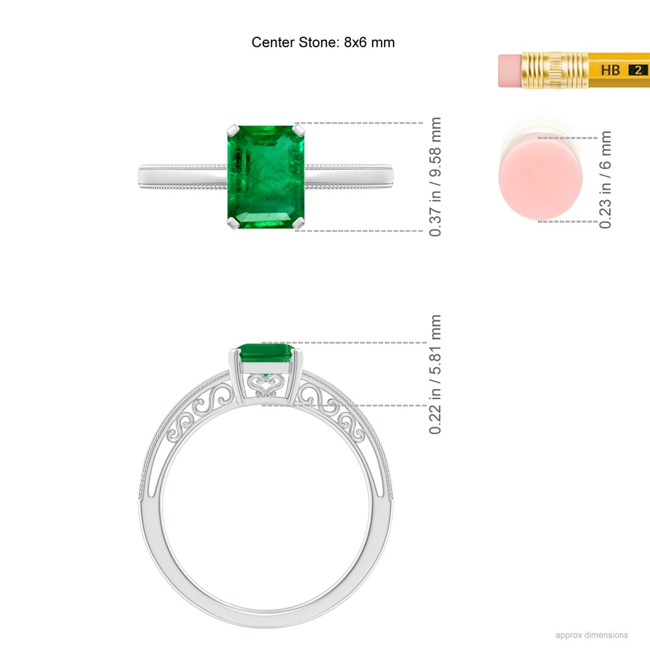 8x6mm AAA Emerald Cut Emerald Solitaire Ring with Milgrain in White Gold ruler