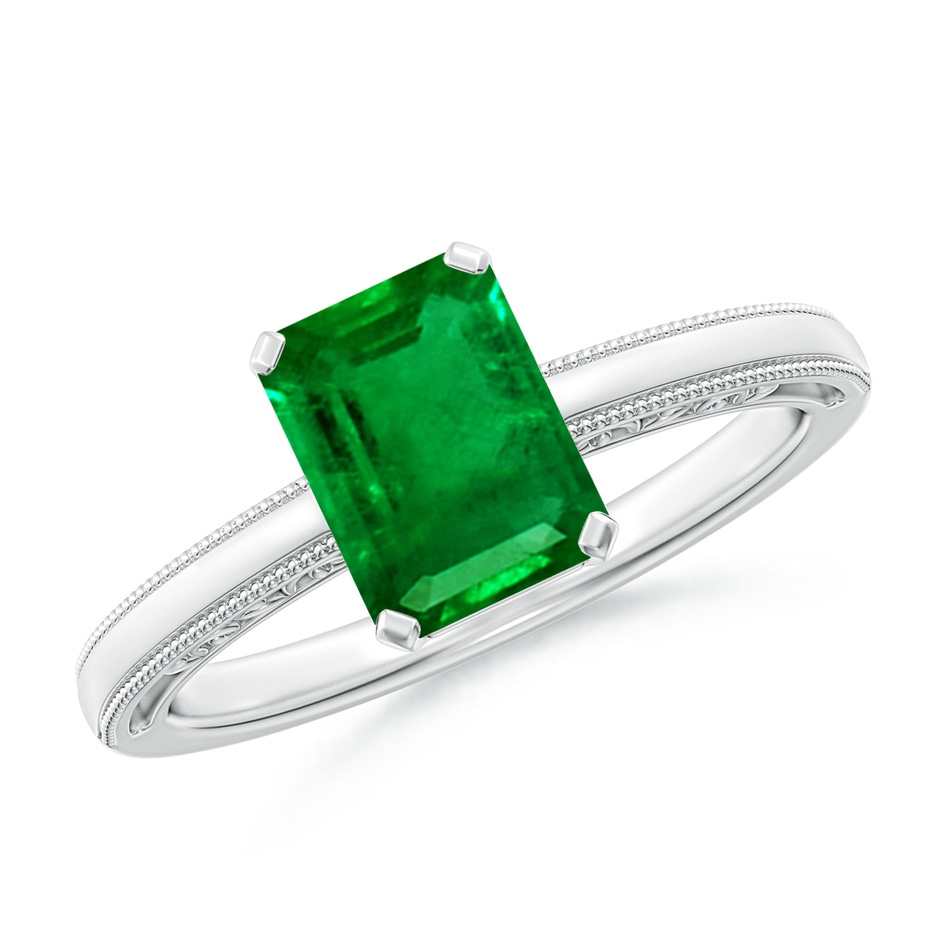 8x6mm AAAA Emerald Cut Emerald Solitaire Ring with Milgrain in P950 Platinum 