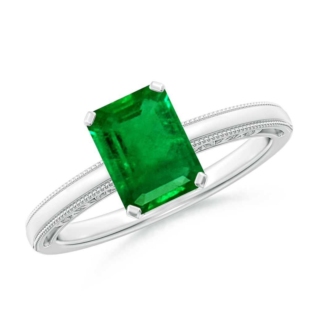 8x6mm AAAA Emerald Cut Emerald Solitaire Ring with Milgrain in White Gold