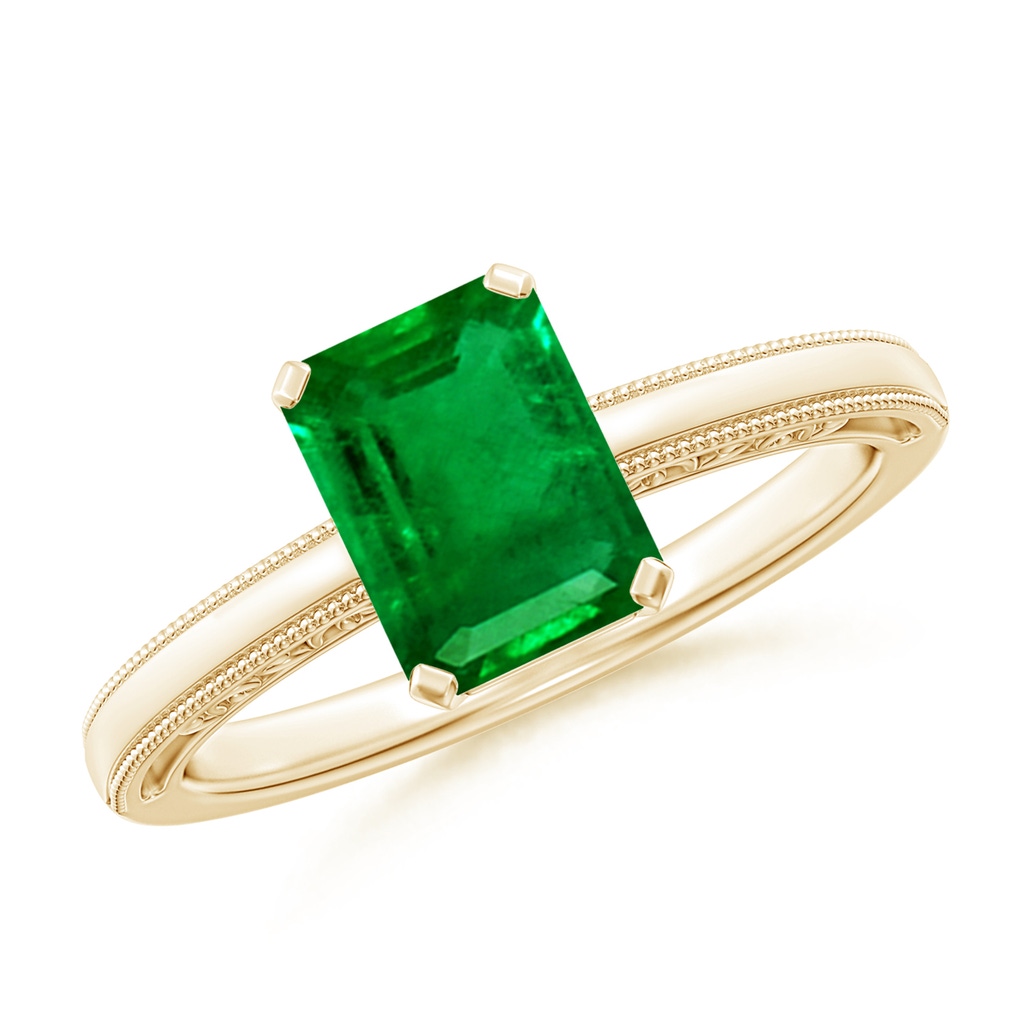 8x6mm AAAA Emerald Cut Emerald Solitaire Ring with Milgrain in Yellow Gold