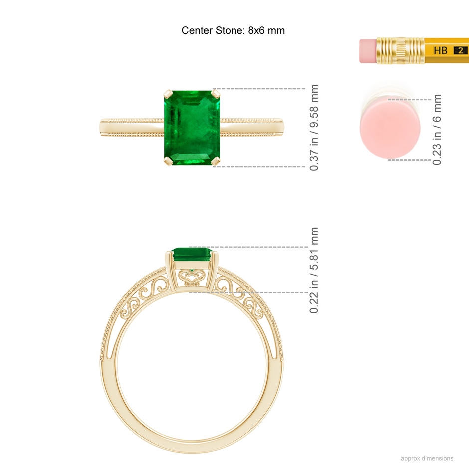 8x6mm AAAA Emerald Cut Emerald Solitaire Ring with Milgrain in Yellow Gold Ruler