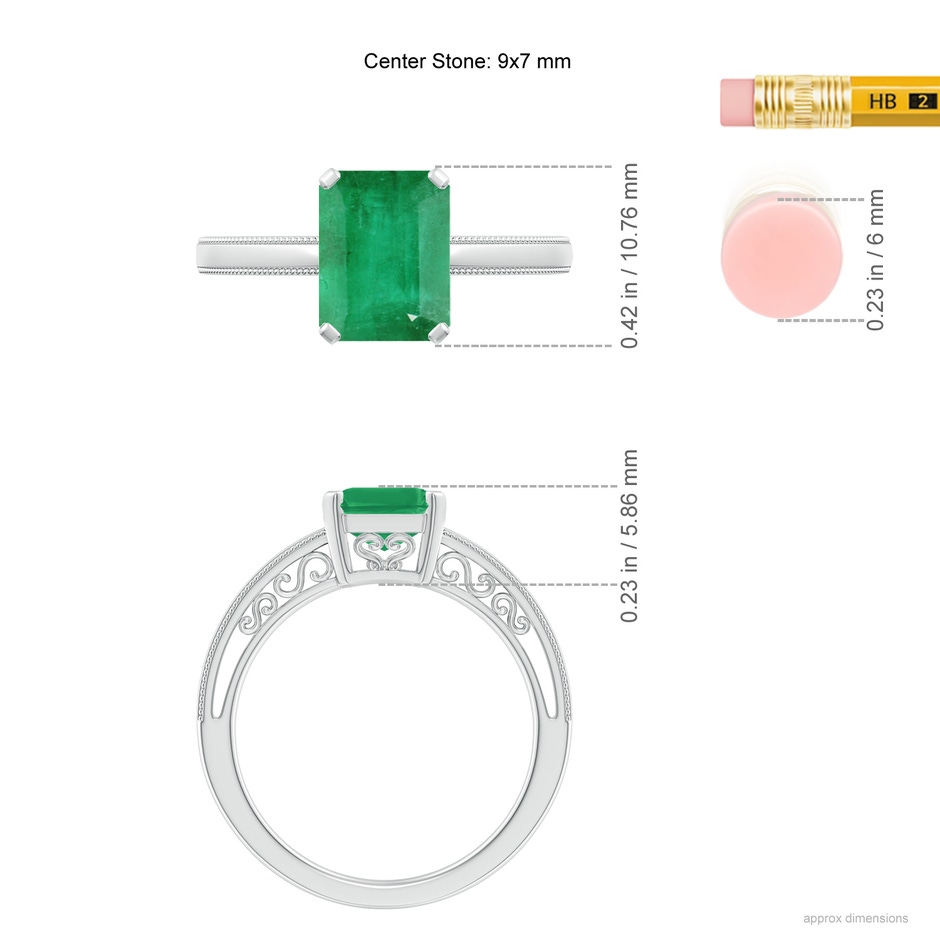 9x7mm A Emerald Cut Emerald Solitaire Ring with Milgrain in White Gold Ruler