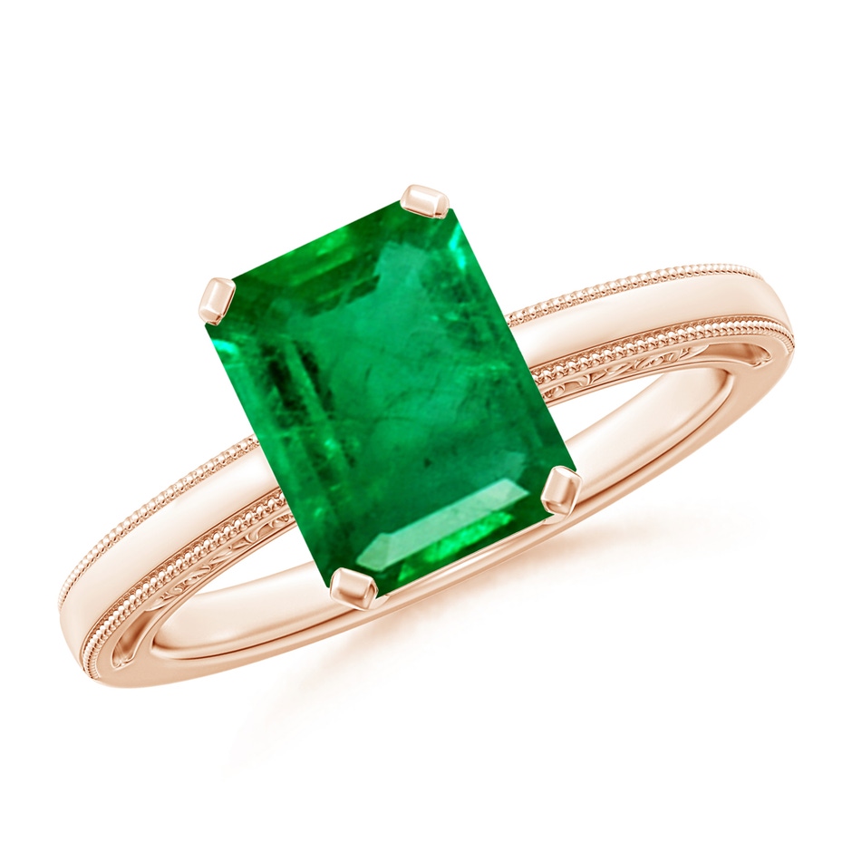 9x7mm AAA Emerald Cut Emerald Solitaire Ring with Milgrain in Rose Gold 