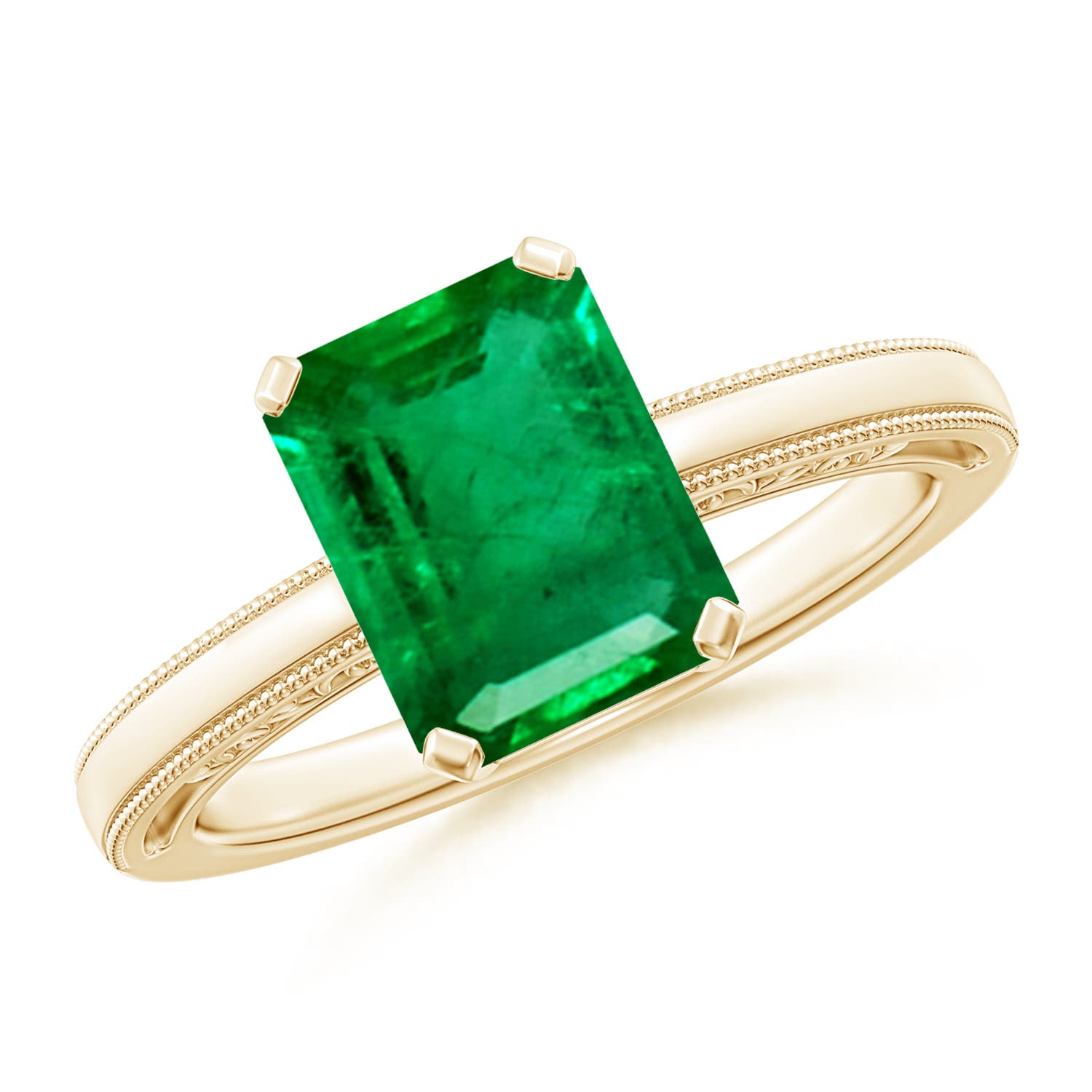 9x7mm AAA Emerald Cut Emerald Solitaire Ring with Milgrain in Yellow Gold
