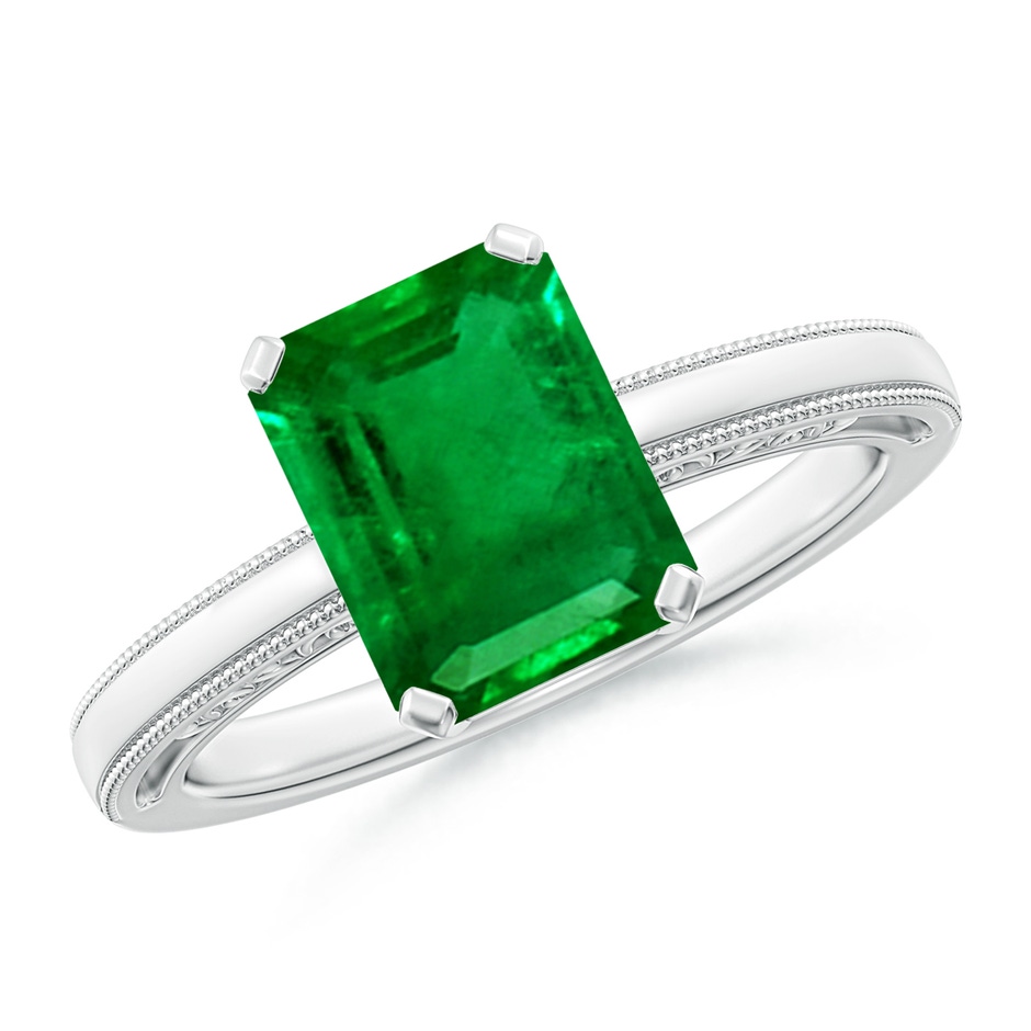 9x7mm AAAA Emerald Cut Emerald Solitaire Ring with Milgrain in P950 Platinum 