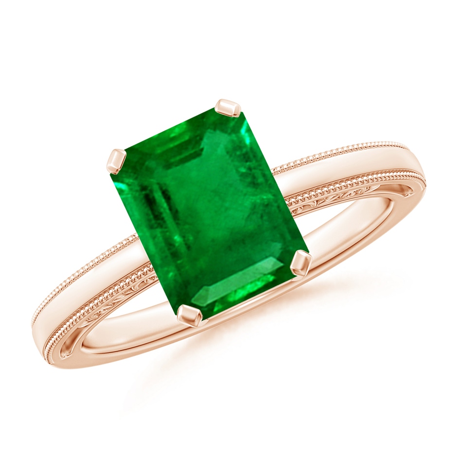 9x7mm AAAA Emerald Cut Emerald Solitaire Ring with Milgrain in Rose Gold 