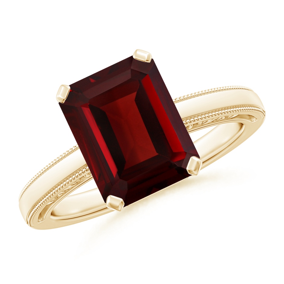 10x8mm AAA Emerald Cut Garnet Solitaire Ring with Milgrain in Yellow Gold 