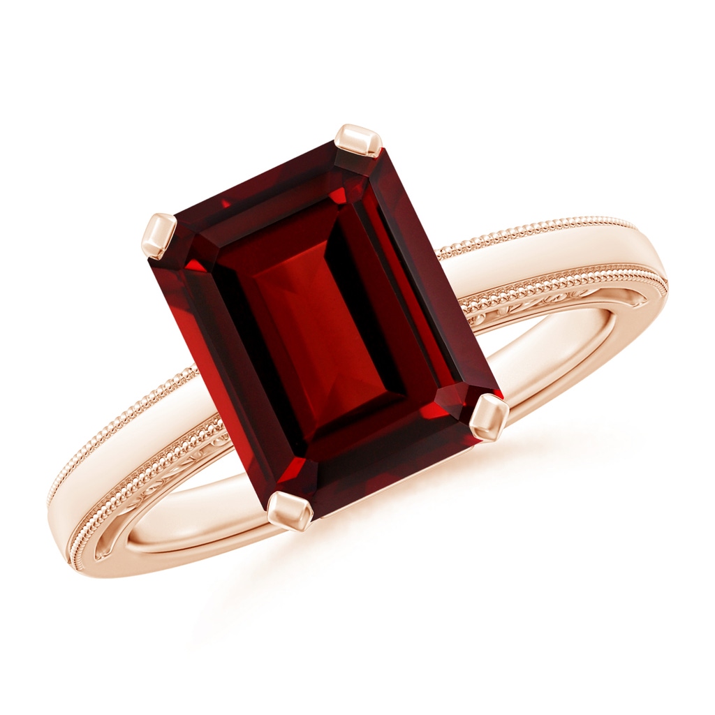 10x8mm AAAA Emerald Cut Garnet Solitaire Ring with Milgrain in Rose Gold