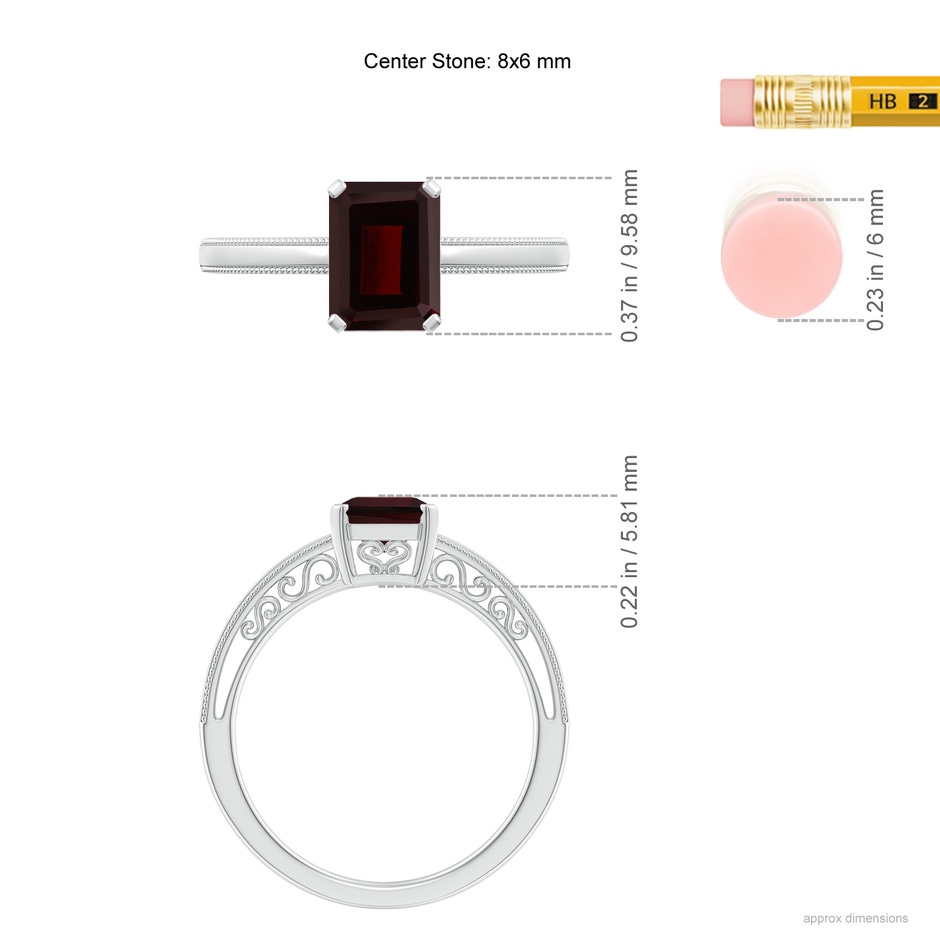 8x6mm A Emerald Cut Garnet Solitaire Ring with Milgrain in White Gold ruler