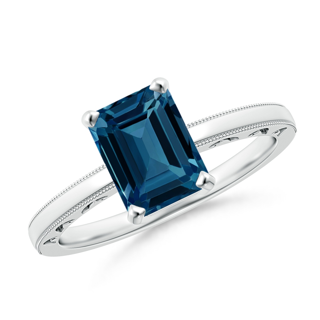 8x6mm AAAA Emerald-Cut London Blue Topaz Solitaire Ring with Milgrain in White Gold