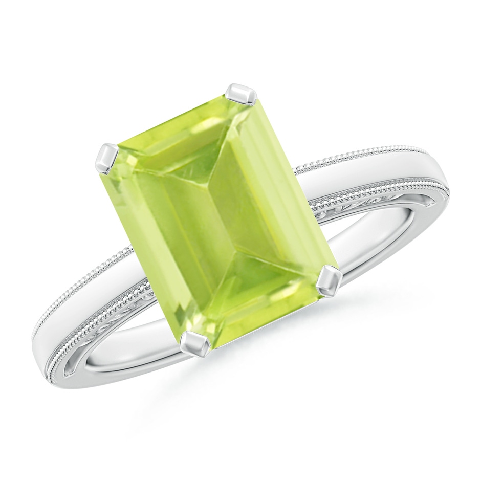10x8mm A Emerald Cut Peridot Solitaire Ring with Milgrain in White Gold 