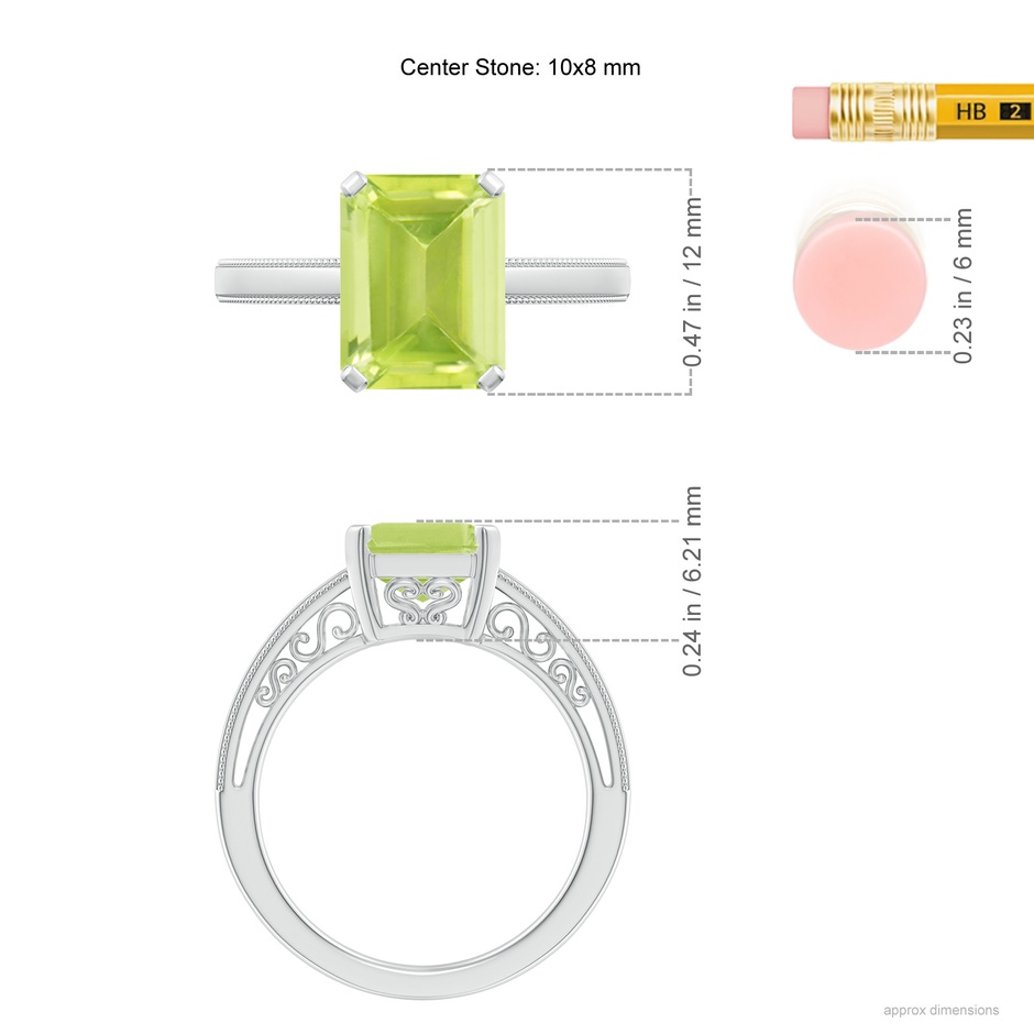 10x8mm A Emerald Cut Peridot Solitaire Ring with Milgrain in White Gold ruler