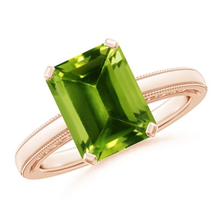 10x8mm AAAA Emerald Cut Peridot Solitaire Ring with Milgrain in Rose Gold