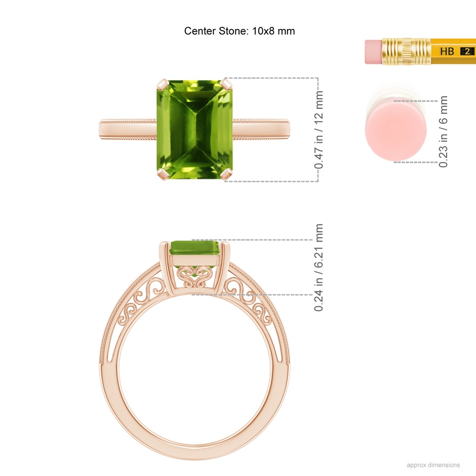 10x8mm AAAA Emerald Cut Peridot Solitaire Ring with Milgrain in Rose Gold ruler