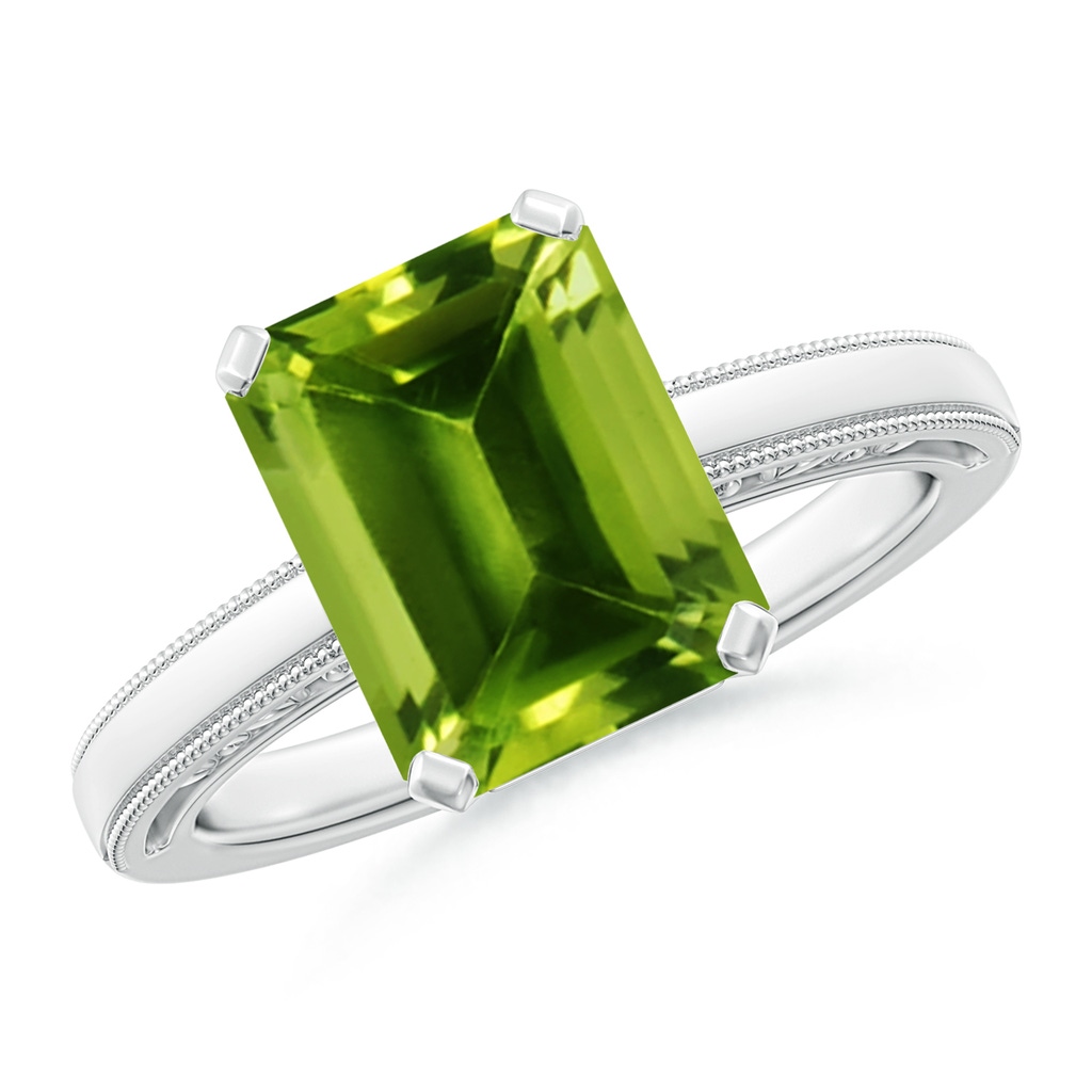10x8mm AAAA Emerald Cut Peridot Solitaire Ring with Milgrain in White Gold