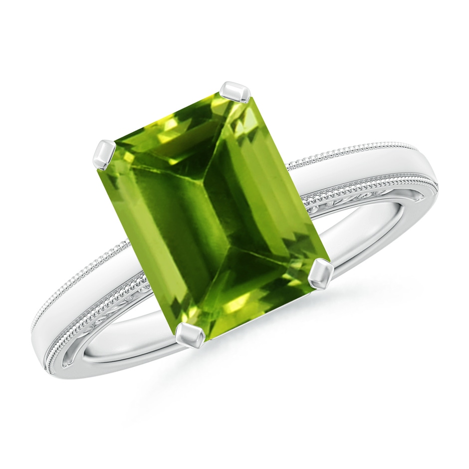 10x8mm AAAA Emerald Cut Peridot Solitaire Ring with Milgrain in White Gold 
