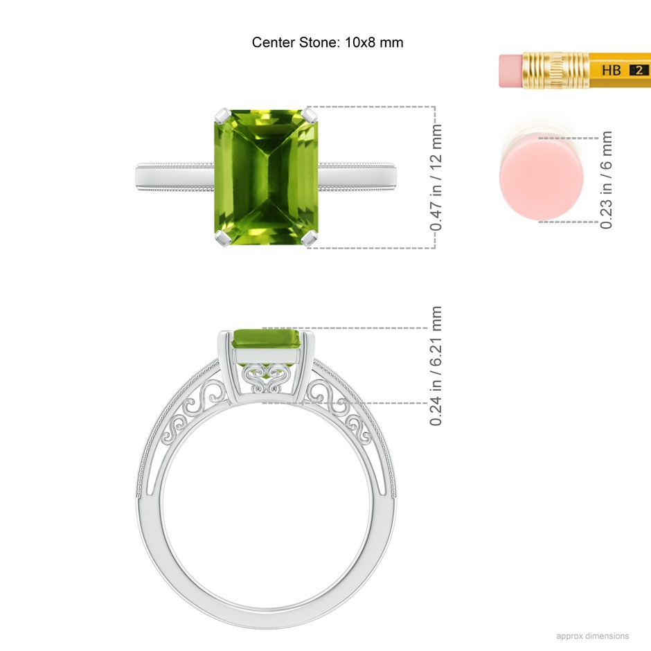 10x8mm AAAA Emerald Cut Peridot Solitaire Ring with Milgrain in White Gold ruler