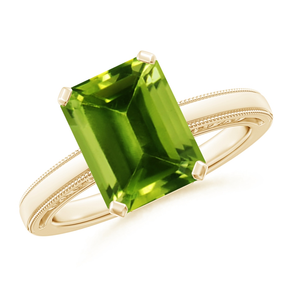 10x8mm AAAA Emerald Cut Peridot Solitaire Ring with Milgrain in Yellow Gold 